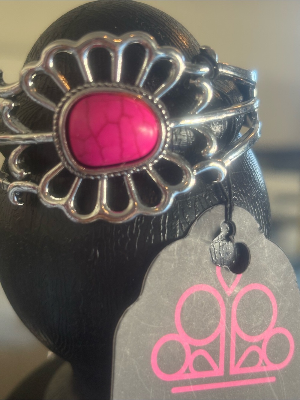 Pink Stone Silver-Tone Floral Cuff Bracelet by